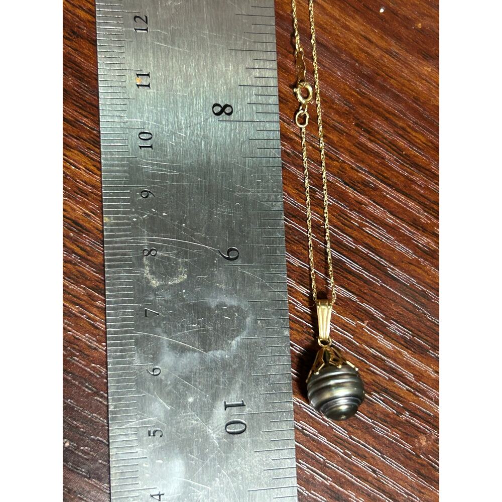 Vintage 14k Yellow Gold Baroque Dark Gray Pearl Art Deco pendant necklace 18.5” - Picture 12 of 14